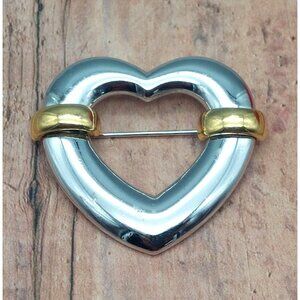 Vintage Trifari Silver Tone Heart Shaped Brooch Gold Tone Accents 1.5"